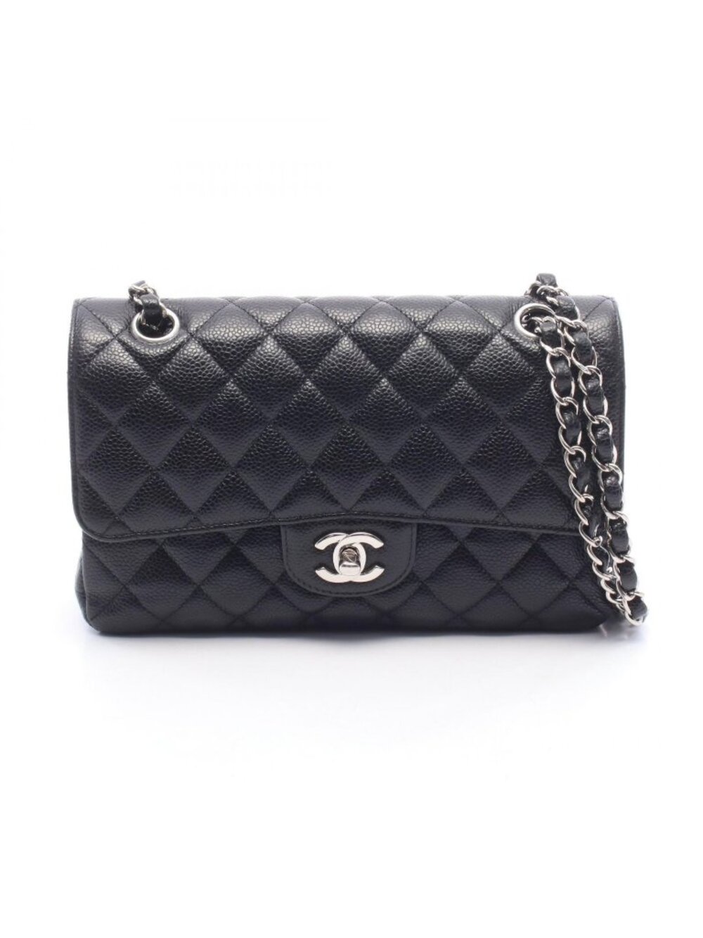 Chanel Shoulder Bag Quilted Double Flap Black Caviar Leather Chain